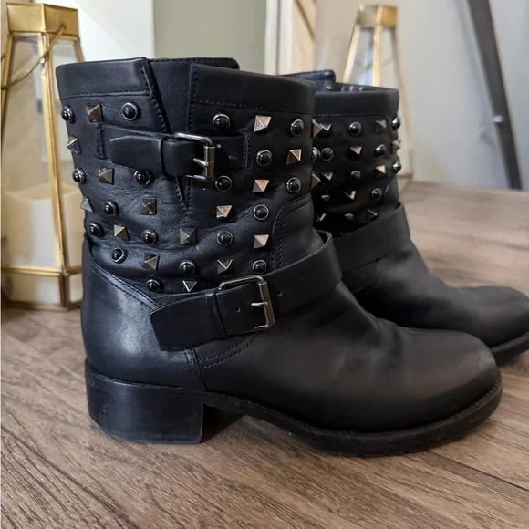 Valentino Garavani Black Leather Studded Moto Boots - Picture 2 of 5